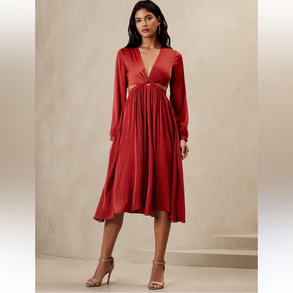 NWT Banana Republic Factory Twist Front MIDI Dress Rust Satin Feel